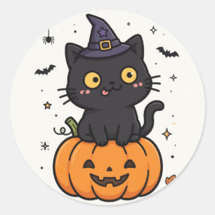 Söt svart katt Pumpa Häxa Halloween-dekal Runt Klistermärke