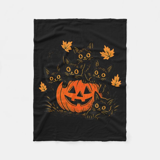 Söt svart katt Pumpa Jack O Lantern Kitty Rolig Fleecefilt (Framsidan)