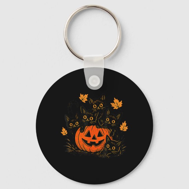 Söt svart katt Pumpa Jack O Lantern Kitty Rolig Nyckelring (Framsida)