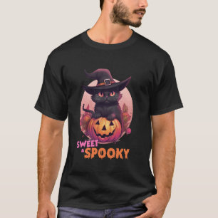 Söt svart katt & pumpa söt spöklik fullmåne Ha T Shirt