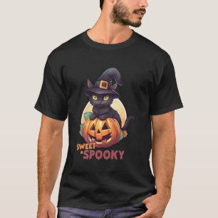Söt svart katt & pumpa söt spöklik fullmåne Ha T Shirt