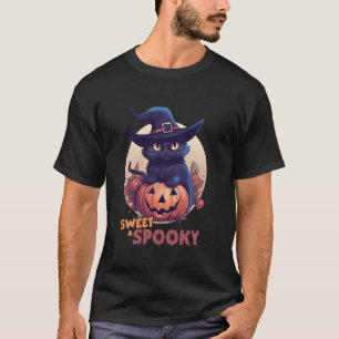 Söt svart katt & pumpa söt spöklik fullmåne Ha T Shirt