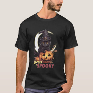 Söt svart katt Pumpa Söt spöklik halvmåne  T Shirt