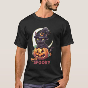 Söt svart katt Pumpa Söt spöklik halvmåne  T Shirt