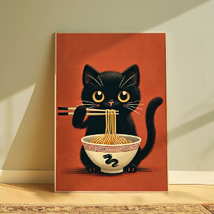 Söt svart katt Ramen Art Print Kawaii Nudelkat Poster