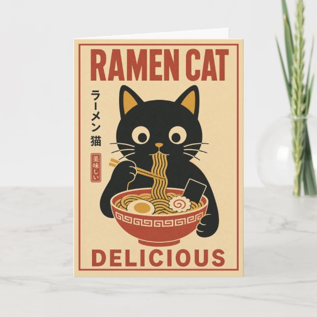 Söt svart katt Ramen nudel japansk mat älskare  Kort (Framsida)