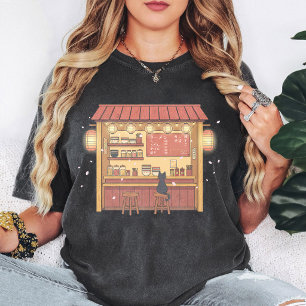 Söt svart katt Ramenbutik Körsbärsblom Konst T Shirt