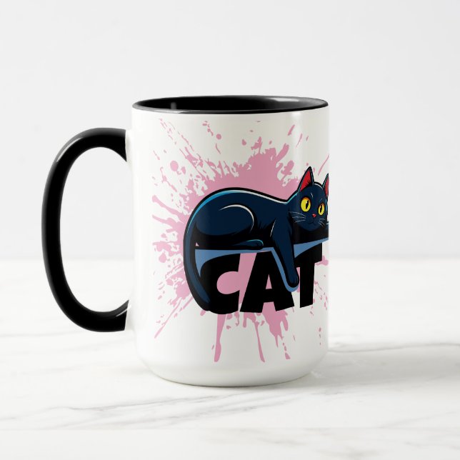 Söt svart katt Rosa färgsprut Tvåtons mugg (Vänster)
