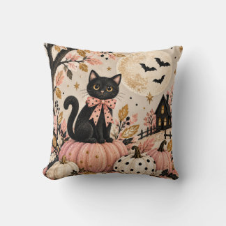 Söt svart katt & rosa Halloween-pumpor Kudde