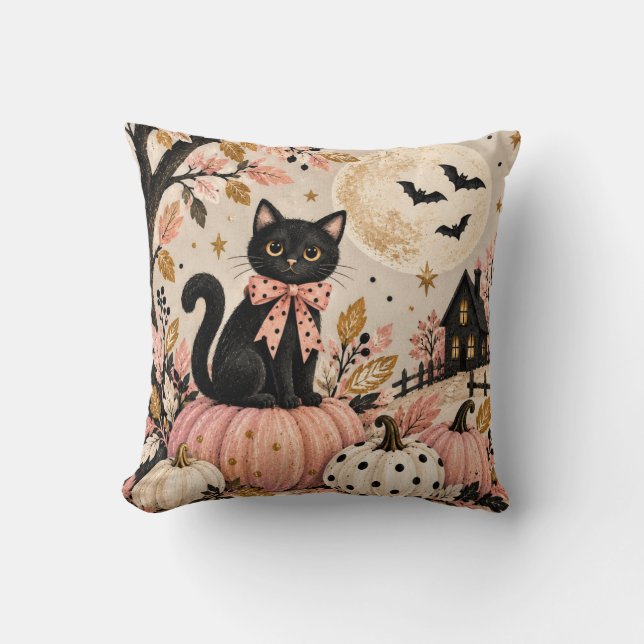 Söt svart katt & rosa Halloween-pumpor Kudde (Framsida)