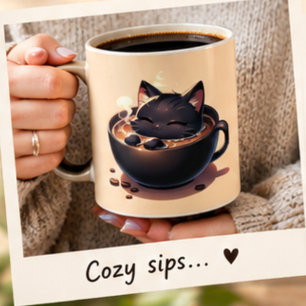 Söt svart katt simmar in i kaffemugg. Mugg