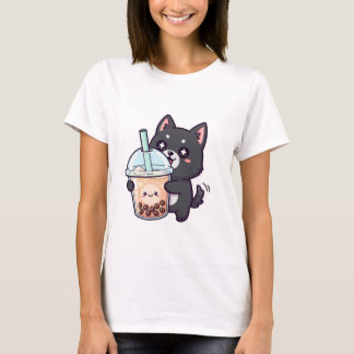 Söt Svart Katt som Dricker Boba Te - Söt Anime Nek T Shirt
