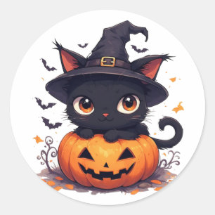 Söt svart katt som håller pumpa Halloween 🎃 Runt Klistermärke