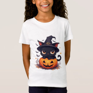 Söt svart katt som håller pumpa Halloween 🎃 T Shirt