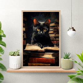 Söt svart katt som läser en bok-affisch poster