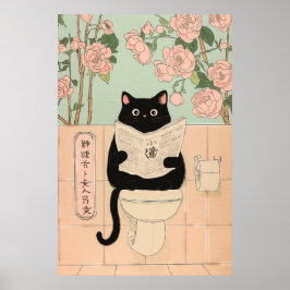 Söt svart katt som läser i badrummet poster