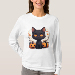 Söt svart katt som sitter i Jack O Lantern-pumpa T Shirt