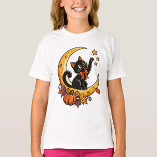 Söt svart katt som sträcker sig efter stjärnorna t shirt