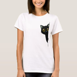 Söt svart katt som tittar runt hörnet | Roligt T Shirt