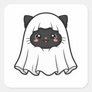 Söt Svart Katt Spöke Halloween Kawaii Fyrkantigt Klistermärke