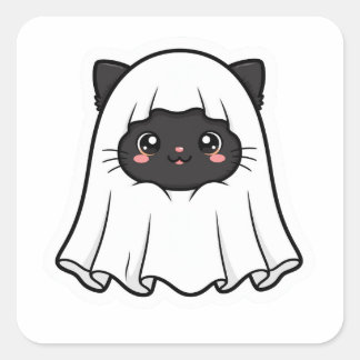 Söt Svart Katt Spöke Halloween Kawaii Fyrkantigt Klistermärke