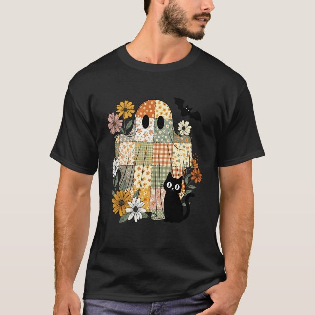 Söt svart katt spökpatchwork Halloween-kostym W T Shirt (Framsida)