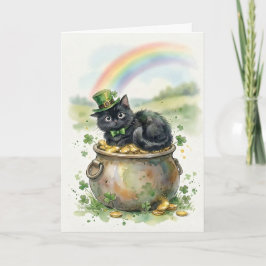 Söt svart katt St. Patrick's Day kruka med guld Kort
