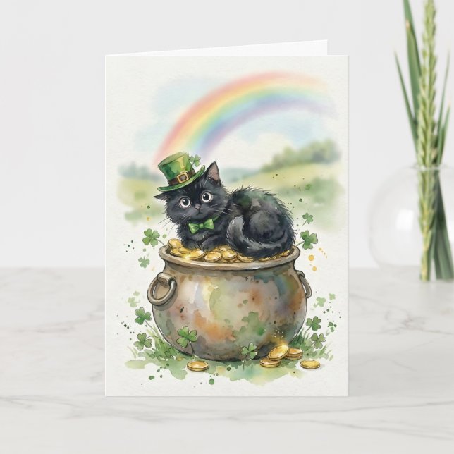 Söt svart katt St. Patrick's Day kruka med guld Kort (Framsida)