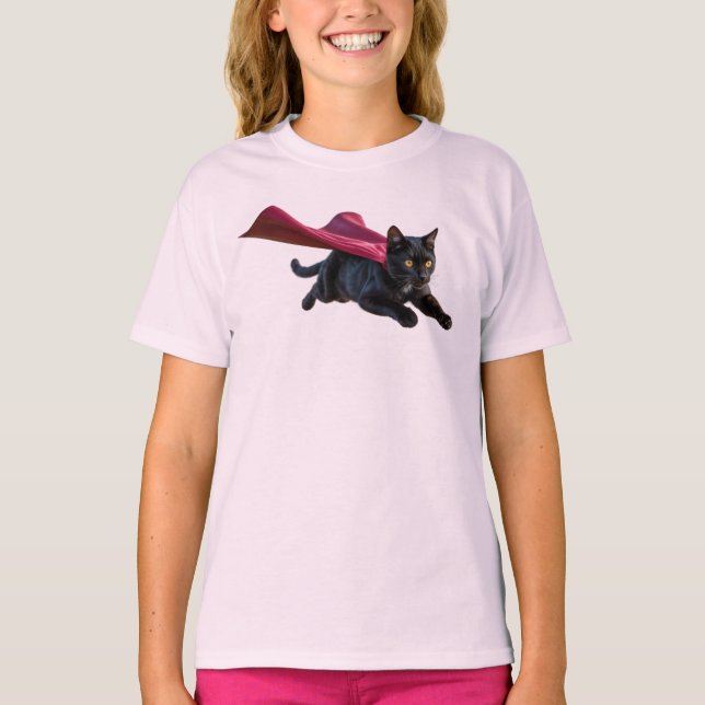 Söt Svart Katt Superhjälte Barn T-Shirt (Framsida)