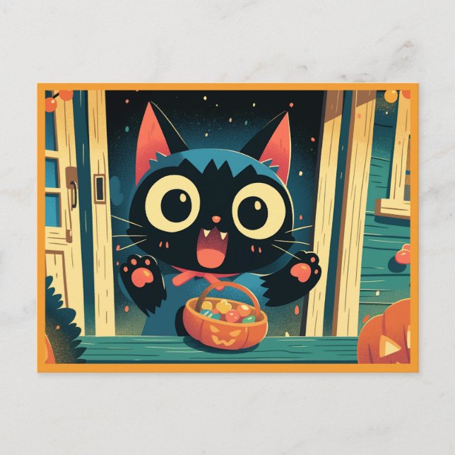 Söt svart katt trick or treat Halloween Vykort (Framsida)