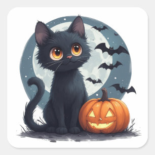 Söt svart katt under fullmåne Halloween 🎃 Fyrkantigt Klistermärke