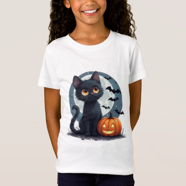 Söt Svart Katt Under Fullmåne Halloween 🎃 T Shirt (Framsida)