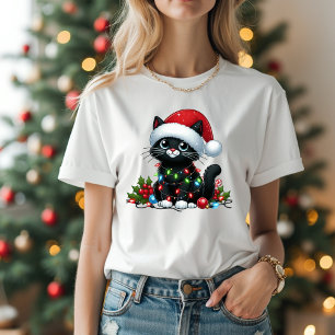 Söt svart kattchristmas ljus t shirt
