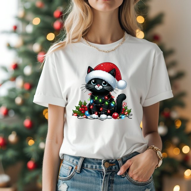 Söt svart kattchristmas ljus t shirt (Skapare uppladdad)