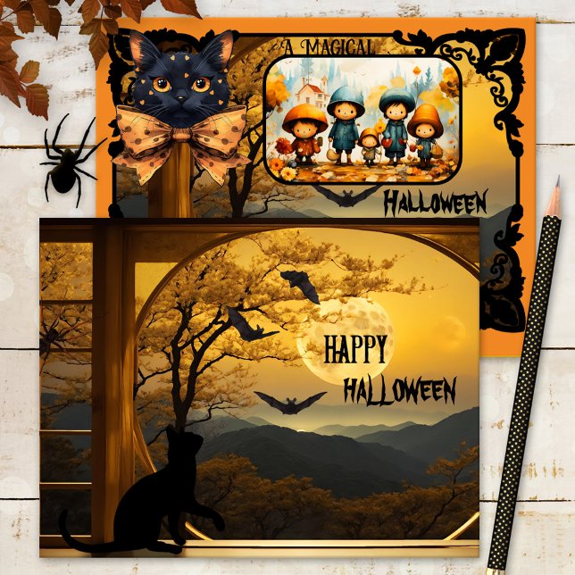 Söt svart kattfladdermus Halloween-foto Julkort (Halloween photo card featuring a cute black kitty having a blast with the bats at full moon)