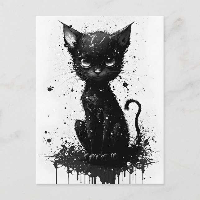 Söt svart kattunge bläcktryck goth postkort vykort (Framsida)