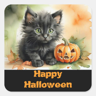 Söt svart kattunge fyrkantig Halloween-dekal Fyrkantigt Klistermärke