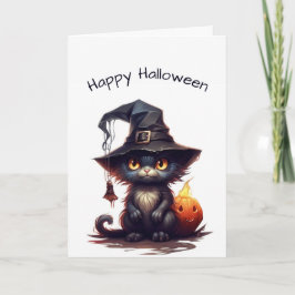 Söt svart kattunge häxa Halloween Kort