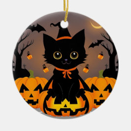 🧙‍♀️🐱 Söt svart kattunge häxig Halloween magi ✨ Julgransprydnad Keramik