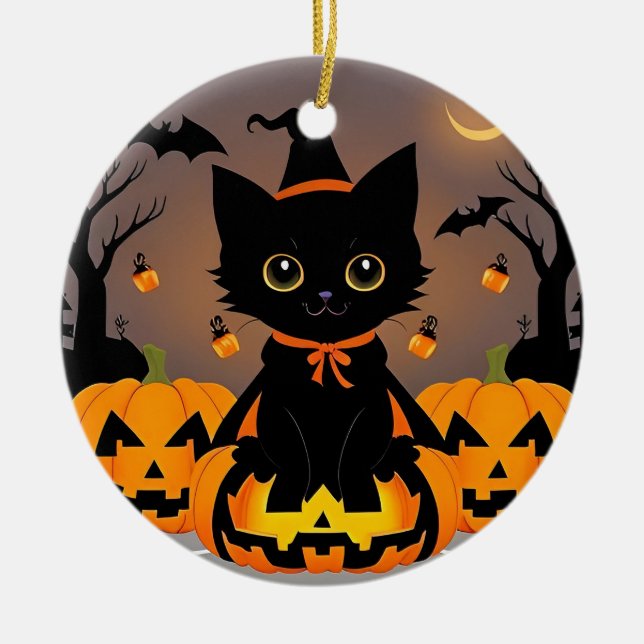 🧙‍♀️🐱 Söt svart kattunge häxig Halloween magi ✨ Julgransprydnad Keramik (Framsidan)