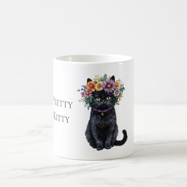 Söt svart kattunge med blommor kaffemugg (Center)