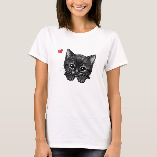 Söt svart kattunge med hjärta T-shirt  (Framsida)