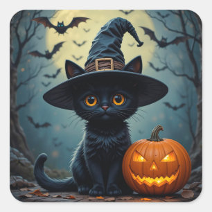Söt svart kattunge pumpa häxhatt Halloween-scen Fyrkantigt Klistermärke