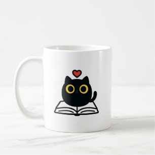 Söt Svart Kawaii Katt som Läsar Bok Tecknad Film Kaffemugg