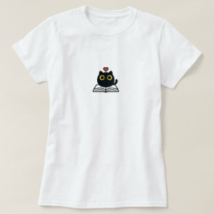 Söt Svart Kawaii Katt som Läser Bok Tecknad Serie T Shirt