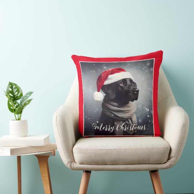 Söt Svart lab i Scarf och Santa Hat Kudde (Stol)