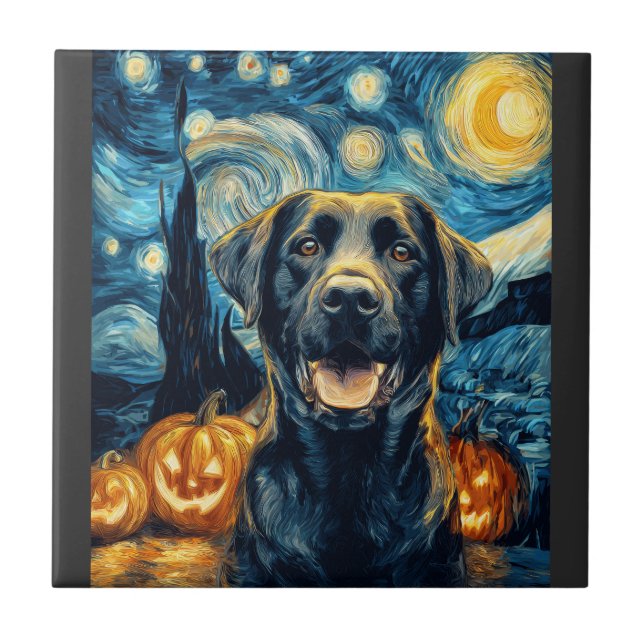 Söt svart labrador hund Halloween Jack O Lantern P Kakelplatta (Framsidan)