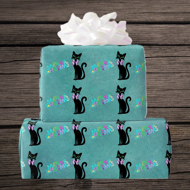Söt Svart Mid Century Katt Rosa Ros Jul Presentpapper (Pretty black mid century style cats colourful Merry Christmas text on teal roll of wrapping paper.)