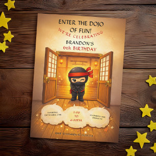 Söt Svart Ninja Trädörrar Dojo Barn Födelsedag Inbjudningar