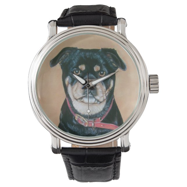 Söt svart och beigefärgad pug porträtt art ur hund armbandsur (Framsida)